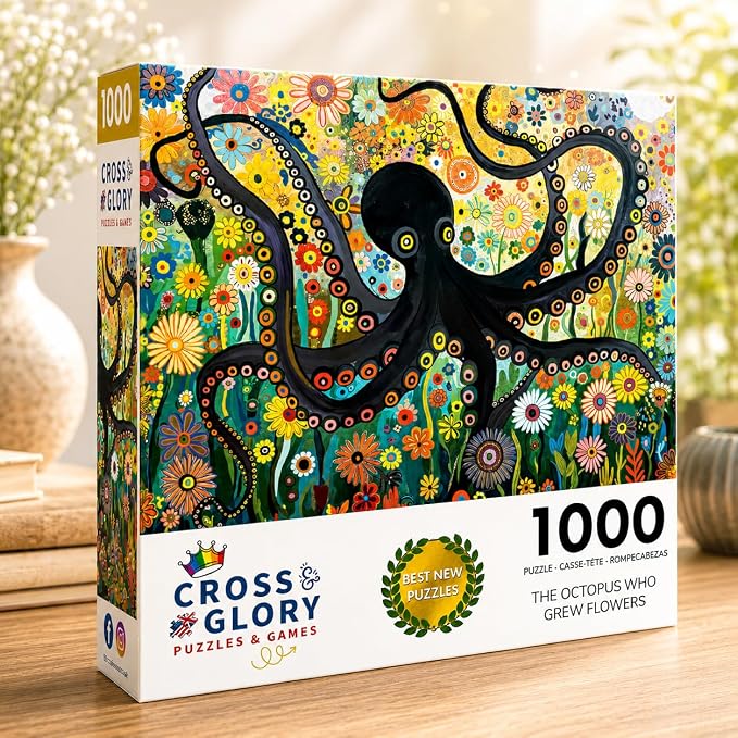 Cross & Glory - The Octopus Who Grew Flowers - 1000 Piece Jigsaw Puzzle for Adults | Vibrant Octopus and Floral Artwork | Challenging Puzzle for Adults | Eco-Friendly Materials