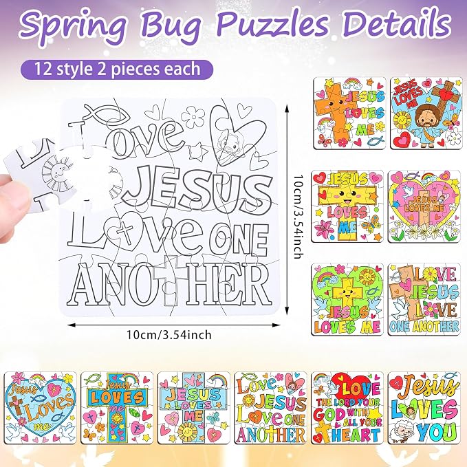Realspring 24 Pack Religious Jesus Loves Me Color Your Own Jigsaw Puzzles for Kids 3-5, 4-6, 6-8, Coloring Crafts DIY Paper Puzzles Party Favors Gifts for Toddler Children Learning Education Toys