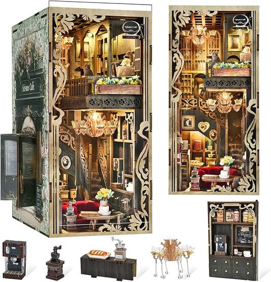 MiniCity Book Nook Kit, DIY Doll House Booknook, Miniature Kit for Bookshelf Doll Houses for Adults Teen Halloween, 3D Wooden Puzzle Bookends with Led Light and Dust Cover (Saisons Café)