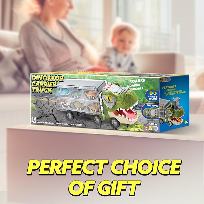 JOYIN 13 in 1 Dinosaur Toys for Kids 3-5, Transport Dinosaur Carrier Truck with 12 Pull Back Cars, Toddler Toys 3-4， Birthday Gifts for 3 4 5+ Year Old Boys