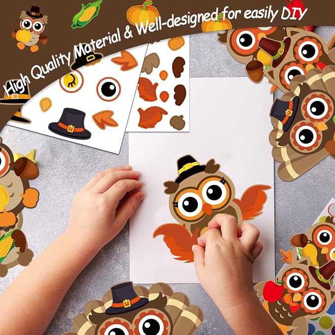 30Pcs Thanksgiving Craft Kits DIY Owl Craft, Thanksgiving Fall Art Craft Make Your Own Card Sticker Set for Home Game Activities