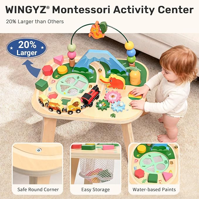 WINGYZ Activity Table for 1 Year Old Toddler, 9-in-1 Multi-Colorful Wooden Montessori Toys, Baby Play Table with Bead Maze Shape Sorter Train Toy, Educational Gifts for 12 Months+ Kids Boys Girls