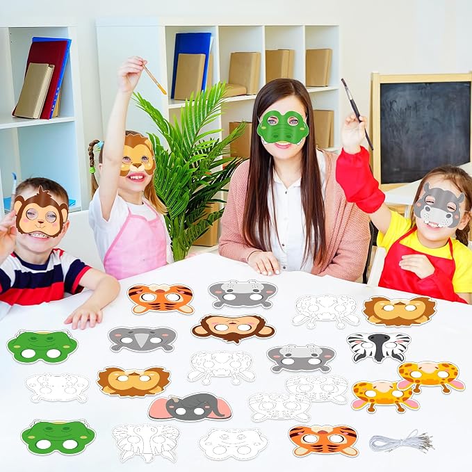 63Pcs Color Your Own Animal Masks Crafts for Kids DIY Paper Blank Jungle Animal Party Favors Lion Tiger Monkey Masks Making Kits with Ropes for School Class Activities Birthday Party Supplies
