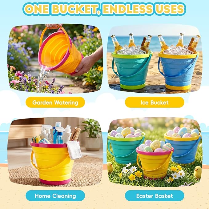 MGparty Collapsible Beach Toys Set for Kids, 3 Pack Foldable Sand Buckets with Shovels Molds Mesh Bag, Portable Travel Sandbox Toys for Toddlers Kids Age 3-10