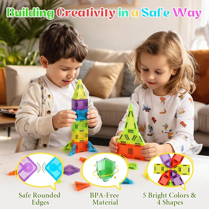 Mini Magnetic Tiles Travel Set- Travel Toys with Portable Iron Box, Rounded Edges, Colorful Sensory Toys for Ages 3+, Building-Creativity Gifts for Kids, Home Airplane Car Trip, 29 PCS