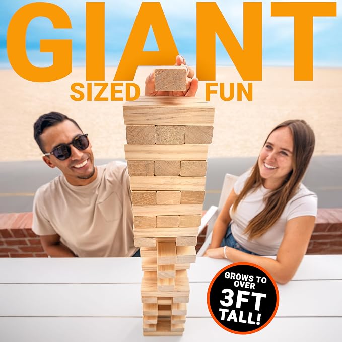 GoSports Giant Wooden Outdoor Stacking Game – Stacks Up to 3 ft – Large Toppling Tower with Case for Yard Games, Family Game Night, Camping, and Parties