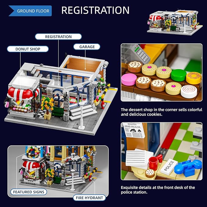 City Police Office Architecture Building Model Building Kit,MOC Street View House with 3 Levels Modular Building Blocks Model Set for Adults and Teens,Collectible Display Toy,2967 Pieces
