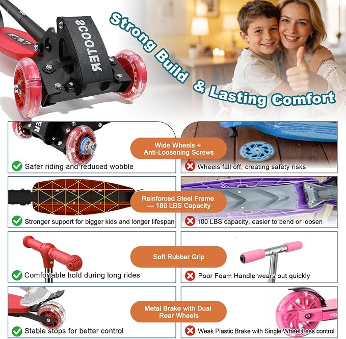 3 Wheel Kids Kick Scooter for Ages 3-12, Lean-to-Steer, Light-Up Wheels, 3-Level Adjustable Handlebar 27.5”-33”, Wide Non-Slip Deck, Dual Rear Brake,Travel Foldable, for Boys & Girls Toy Gifts