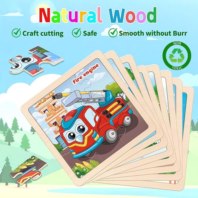 Wooden Vehicle Puzzles for Toddlers, 8 Pack 9 PCS Jigsaw Puzzles for Kids, Wooden Puzzles for Toddlers 3-5, Vehicle Puzzles for Kids 3-5, Preschool Puzzles Learning Educational Sets Toys