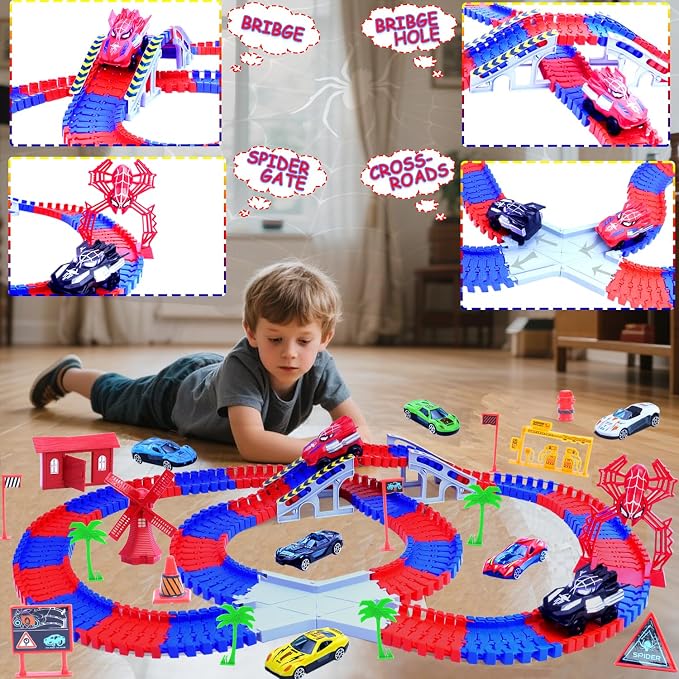 Spider Toys for Kids, 221 PCS Boys Spider Race Track with 6 Alloy Cars Toys, DIY Monster Truck Flexible Tracks for 3 4 5 6 Year Old Toddler Birthday Party Favor Gift