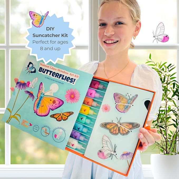 SunnyLifeStudios Butterfly Suncatcher Craft Kit for Kids – Stained Glass Window Art Kit with Activity Book & Paint Set | DIY Craft Gift Ages 8–12+