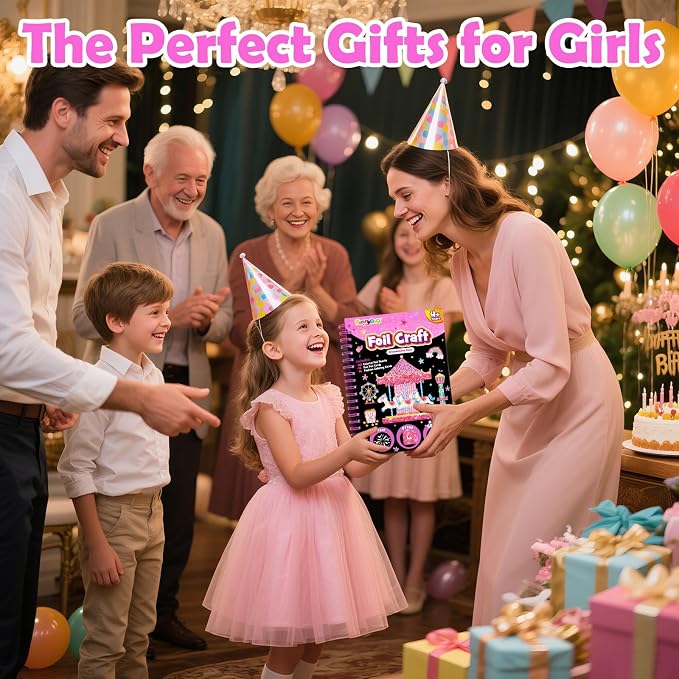 FUNNYB&G Foil Art Craft Kit for Girls 4-10 Years Old: Mess-Free & No-Glue, Create 16 Sparkly Amusement Park Pictures – Perfect Travel Toy & Birthday Gift for Kids （Amusement Park）