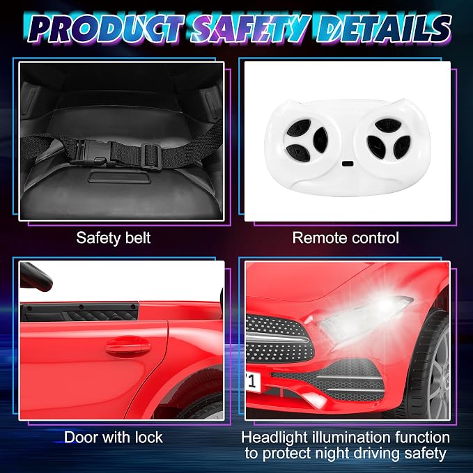 Battery Powered Electric Car Ride On Vehicle Double Doors, Safety Belt,LED Light (SC-Red)