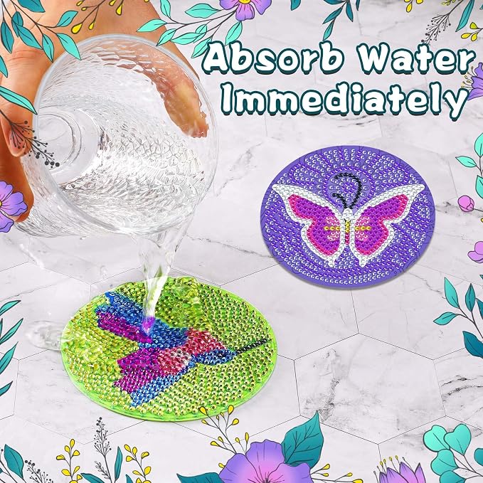 UPINS DIY Kit, Diamond Art Painting Coasters with Holder, 8 Pcs Hummingbird Butterfly Coaster Craft Supplies for Adults Kids Beginners