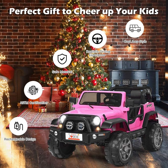 Costzon 2-Seater Ride on Truck, 12V Battery Powered Electric Vehicle Toy w/Storage, Remote Control, 3 Speed, LED Lights, MP3, Horn, Music, 2 Doors Open, Spring Suspension, Ride on Car for Kids (Pink)