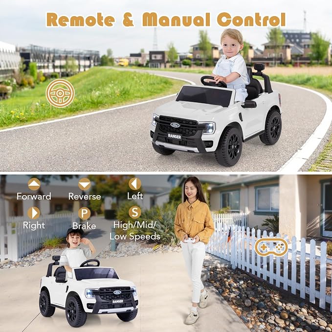 Licensed Ford Ranger Ride on Pickup Truck by INFANS, 12V Battery Powered Electric Vehicle for Kids with Remote Control, Headlight, Power Display, Bluetooth, MP3, Music, Aged 3-6 Years (White)