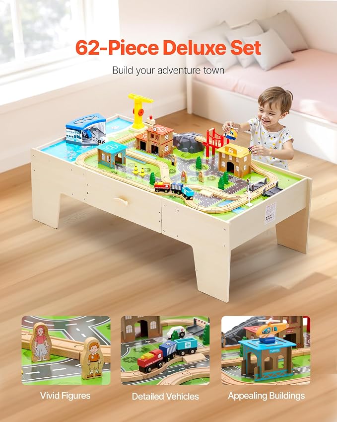 VEVOR Train Table, 62 Multicolor Pieces Wooden Kids Activity Table with Large Storage Drawer, 3-in-1 Wooden Train Set for Playing, Drawing, Reading, Eating, Creative Toy Set for Kids Ages 3+
