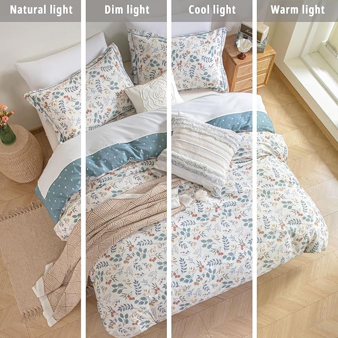 LEMIROE Botanical Cotton Comforter King Size - Lake Green Comforter with Dusky Blue & Warm Rust Leaves on Ivory,Reversible Lightweight Bedding Sets 3Pcs(Polka Dot)