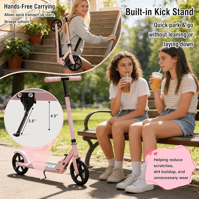 Scooter for Age 6+, Folding Kick Scooters for Kids 8-12,Teens, Adults up to 250Lbs,3 Adjustable Heights, Rear Brake, Wide Antislip Deck, Lightweight Scooter for Boys Girls
