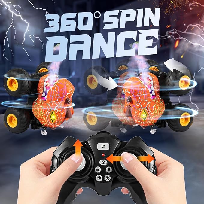 BEZGAR Monster Truck Toys - Remote Control Monster Truck with Spray, Light, Music, Dinosaur Toys for Kids, 1:20 Scale RC Truck with 360° Spins and Drifting, Remote Control Car for Boys 4-7 Orange