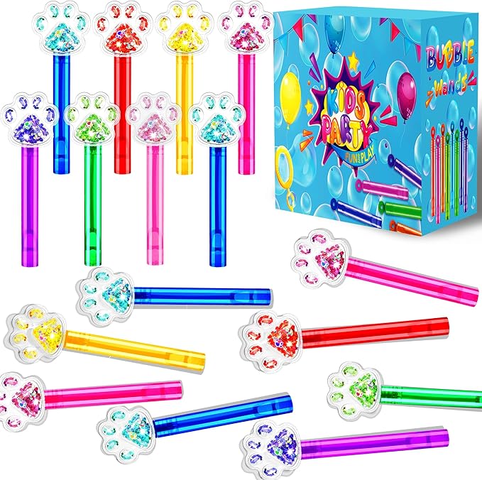 24PCS Glitter Paw Print Bubble Wands for Kids Paw Blue Puppy Dog Party Favors Supplies Decorations Pinata Filler Goodie Bags Suffer Classroom Prizes Birthday Gifts