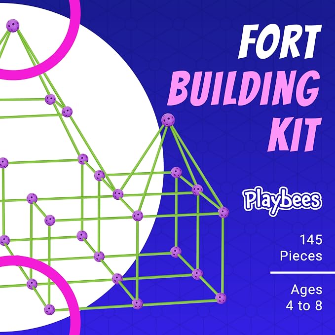 Playbees Fort Building Kit – 140 PCS STEM Toy for Kids Ages 4-12 – Build Tents, Castles & Rockets – Includes Rods, Connectors, 2 Blankets & Flashlight – Creative Building Set & Great Gift