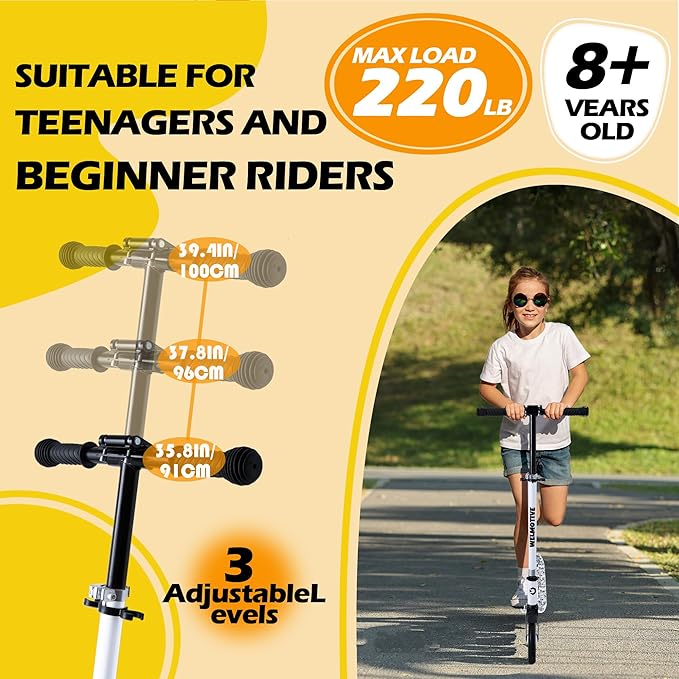 Kick Scooter for Kids Ages 6+, Teens & Adults, Adjustable Handlebars, Rear Brake, Big Wheel Foldable Scooter for Indoor & Outdoor