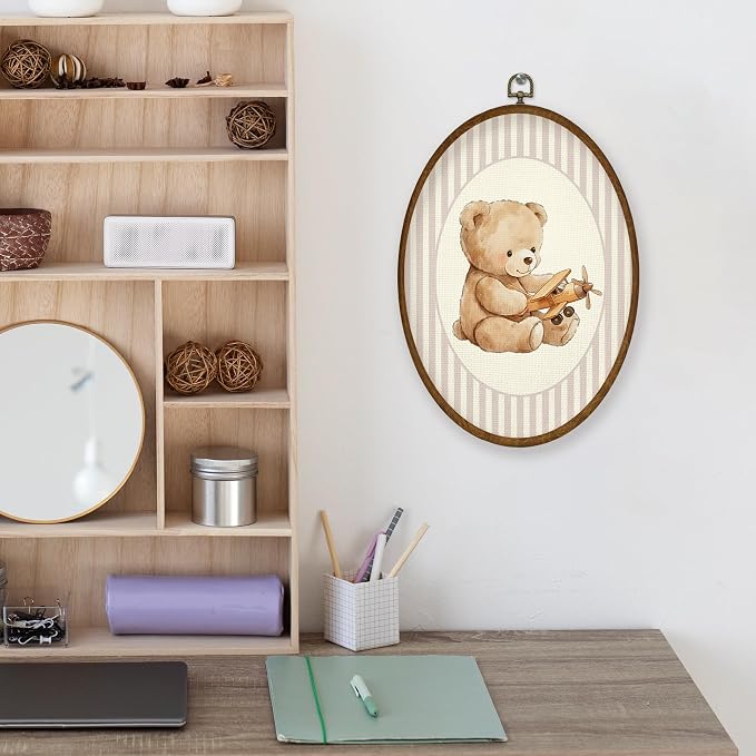 WULQYING Vintage Bear Airplane Nursery Wall Art Decor, Kids Room Oval Framed Canvas Art Prints, Pink Striped Airplane Bear Wall Hanging Decor for Kids Girls Room Bedroom Playroom, 8.6x11.4 Inches