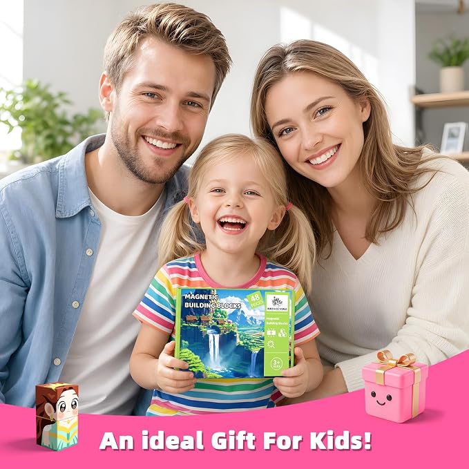 Magnetic Blocks, 48PCS Magnetic Building Cube Set for Kids Ages 3+, Constructions STEM Stacking Tiles Toy Building Birthday Gifts for Girls