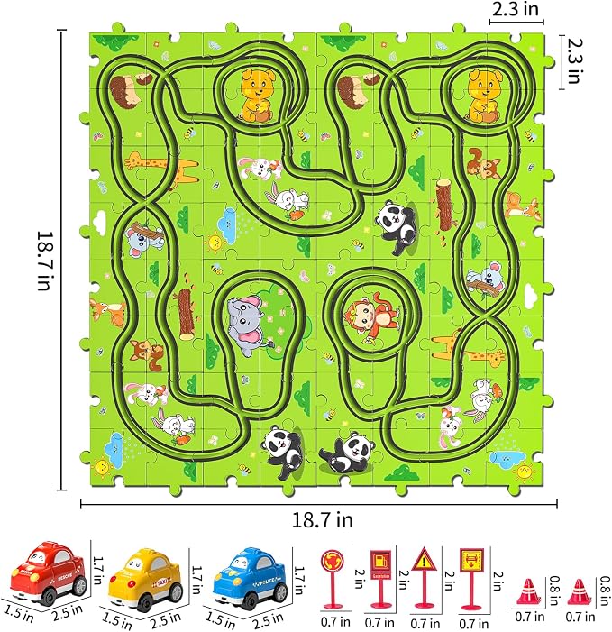 JUKUDAHU 64 Pieces Puzzle Race Track Car Set Toys for 3 4 5 6 Year Old Boys - Puzzle Tracks Car Toys for Kids Ages 3-5 with 3 Sliding Toy Cars, Animals-Themed, Birthday Gifts for Toddlers 1-3 2-4 4-6