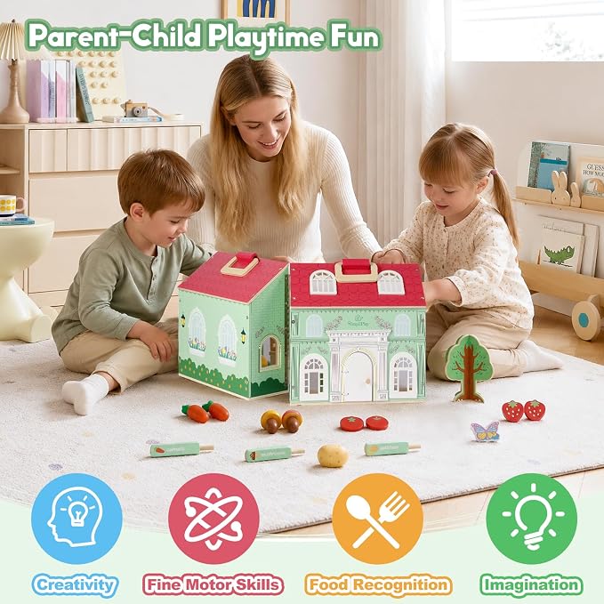 SIMPLIPLAY Montessori Wooden Flower Garden Toys, Wooden Dollhouse Kit with Vegetable Matching Toy, Educational Farm Pretend Play & Play Food Sorting for Toddler Kids Boys Girls Birthday