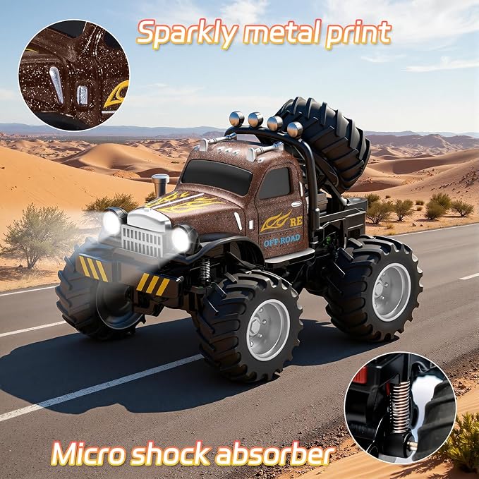 Snugzy Mini RC Car 1:64 Scale RC Truck for Kids with Trailer 2.4Ghz Remote Control Rechargeable RC Cars Toy Gifts for Boys Girls Adult (Brown)
