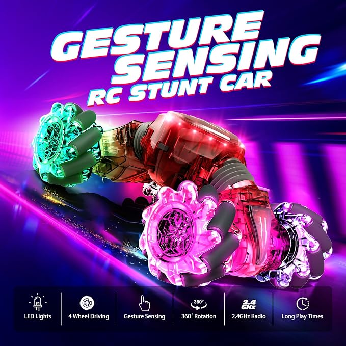 Tecnock Remote Control Car for Boys Girls, 2.4GHz 4WD Gesture Sensing RC Stunt Car Toys - 360° Rotating Double Sided Hand Controlled RC Cars with LED Lights, Gifts for Kids Ages 6-8, 8-12