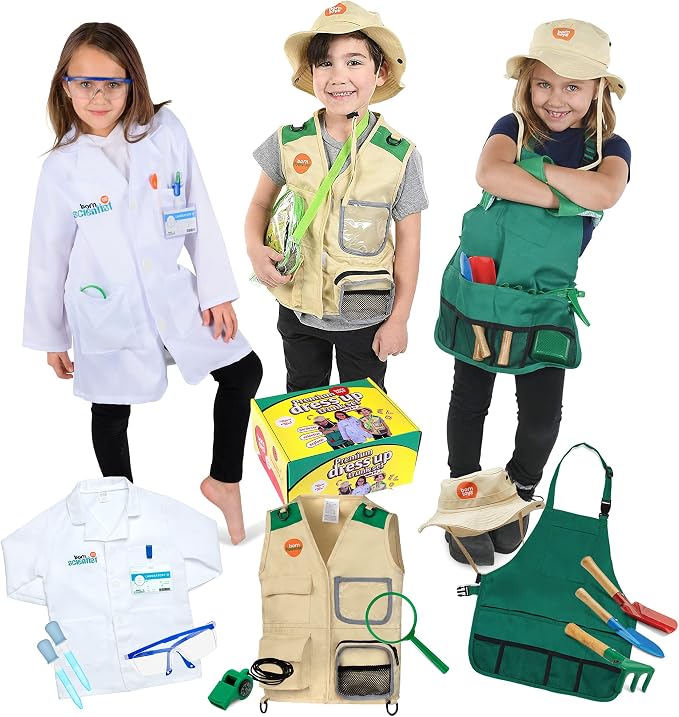 Born Toys 3-in-1 Toddler Dress Up Clothes for Boys & Girls Ages 3-7, Pretend Play Career Outdoor Adventure Set