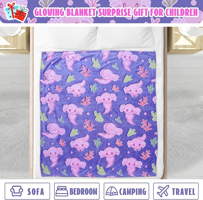 Axolotl Gifts Glow in The Dark Blanket for Girls Salamander Toys Easter Kids Cute Animals Fish Throw Blankets Soft Fleece Blanket Room Decor 50 "X 60"