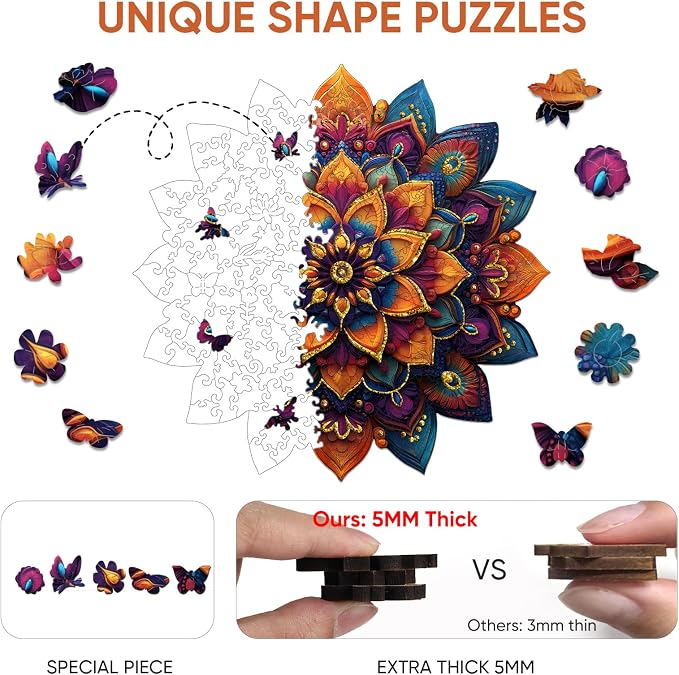 Mys Aurora Purple Mandala Puzzles for Adults, 200 Piece Colorful Flower Jigsaw Puzzles, Unique Shaped Round Wooden Puzzles for Adults and Kids, Fun Challenge for Birthday Gift, 11.2 x 11.2 Inches