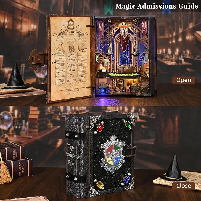 MiniCity DIY Book Nook Kits for Adults, Miniature Dollhouse Booknook Kit, 3D Wooden Puzzle Creative Decorative Bookends Bookshelf Diorama Insert Crafts Hobbies Gifts (Magic Admissions Guide)