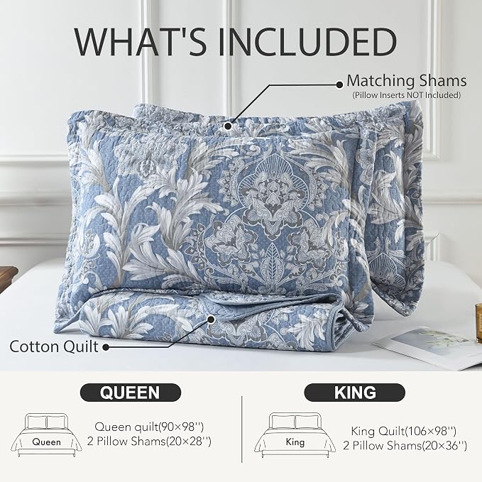 King Size Quilt Set - Dusty Blue and Gray Quilt Set King, 100% Cotton Floral Bedspread Set 3 Piece, Classic Damask Bedspread, Reversible Lightweight Quilt Bedding Set