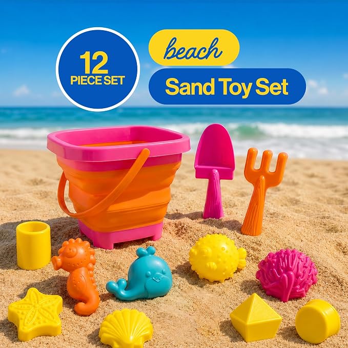 Beach Toys for Kids, 12-Piece Foldable Sand Toy Set, Silicone Beach Bucket, Sand Toys for Toddlers Ages 2-8, Beach Bucket and Shovel Set, Outdoor Beach and Sandbox Toys (Pink Set)
