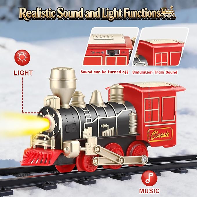Classic Electric Train Set for Toddlers 3-8 – Battery Operated Push-Button Train with Lights & Sounds, No Remote, Ready-to-Play Locomotive + Snap Tracks
