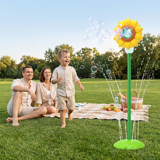 Sunflower Water Sprinkler with Bubble Machine, 4-in-1 Outdoor Sprinkler Toy for Kids with Bubbles, Lights and Music, Garden Hose Splash Toy for Backyard and Summer Parties(Sunflower)
