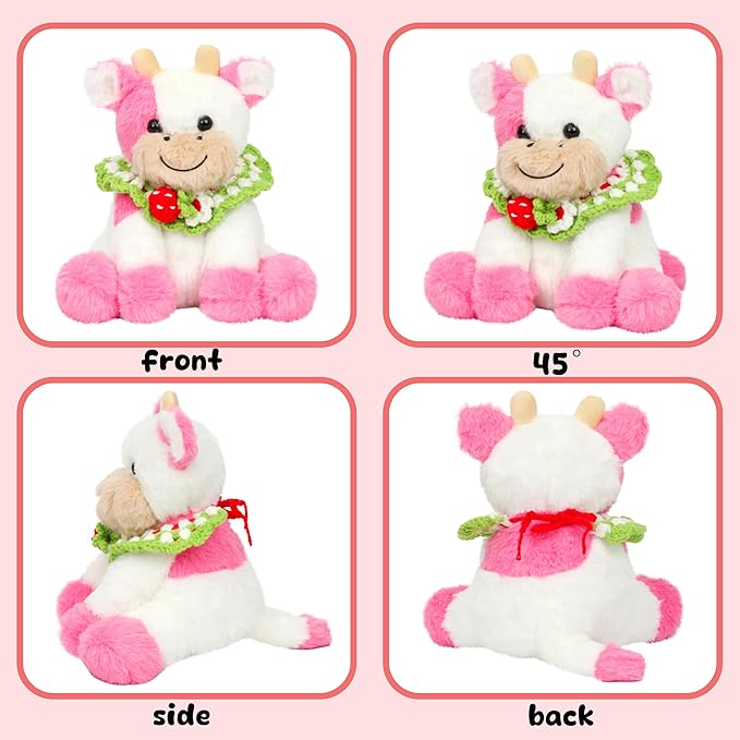 Hopearl Adorable Plush Cow Toy with Knitted Cute Strawberry Bib Floppy Dairy Cattle Soft Stuffed Animal Kawaii Gift for Boys Girls Kids Toddlers, Pink, 9''