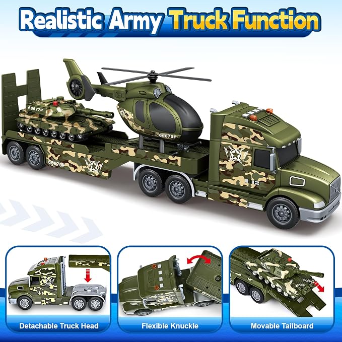Bstoyder Toddler Boy Toys for 3 4 5 6 7 Years Kids, 27" Semi Army Truck Toy with Helicopters and Tank, Friction Powered Military Toys with Lights and Sounds, Birthday for Boy Girls