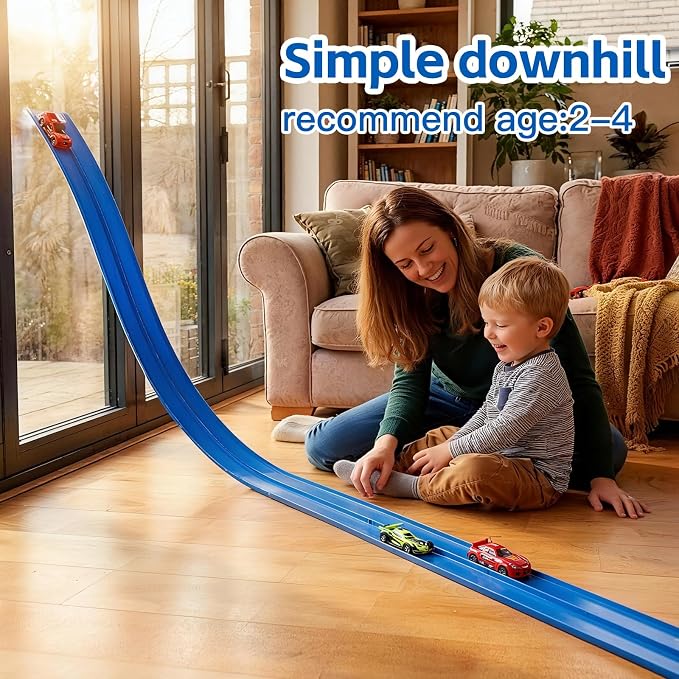 Flexible Race Track 16.5 Ft for Kids - Race Car Ramp Track with Suction Cups, Compatible with 1:64 Scale Diecast Cars, Includes 8 Racing Cars, Portable Toy Play Set Gift for Boys Girls Ages 3-8, Blue