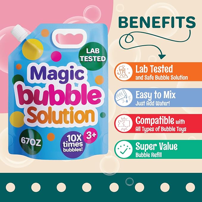 Klevly 67 oz Iridescent Bubble Solution Refill | Non-Toxic Quick & Easy Just Add Water to Make 67 oz Bubble Refill Solution | Bubbles for Kids | Bubbles Bulk | Bubble Machine Solution | Giant Bubbles