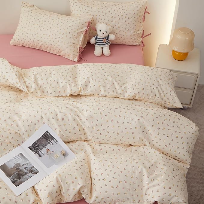 Botanical Floral Comforter Set Twin XL, Cute Colorful Flowers Pattern Cottagecore Comforter with 2 Bow Ties Pillowcases, Soft Lightweight Bedding Comforter for All Seasons Aesthetic Bedroom Decor