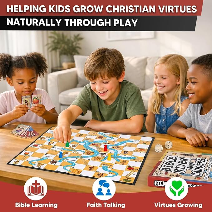 Garybank Bible River and Ladders Board Game for Kids, Fruit of the Spirit Games with Christian Virtue Story Cards, Bible Study Supplies for Sunday School, Youth Group & Family, Christmas & Easter Gift