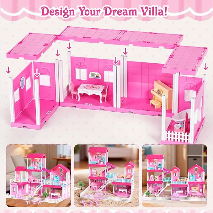 Toylink Pink Doll House for Girls, 3-Story Villa Playset with Light, 3 Dolls, Pool & Slide, Dollhouse Furniture and Accessories, Pretend Play Toddler Toys Birthday Gifts for Kids 3 4 5 6 7 8