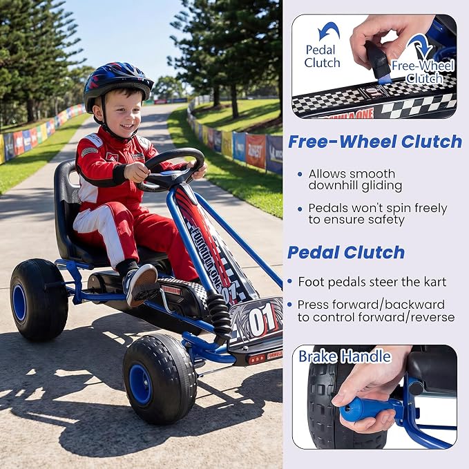 Costzon Pedal Go Kart, 4 Wheel Ride on Toy Pedal Car with Adjustable Seat, Forward/Backward & Handbrake, Outdoor Bicycle Go Cart with Wear-Resistant Wheels, Gift for Boys and Girls (Blue)