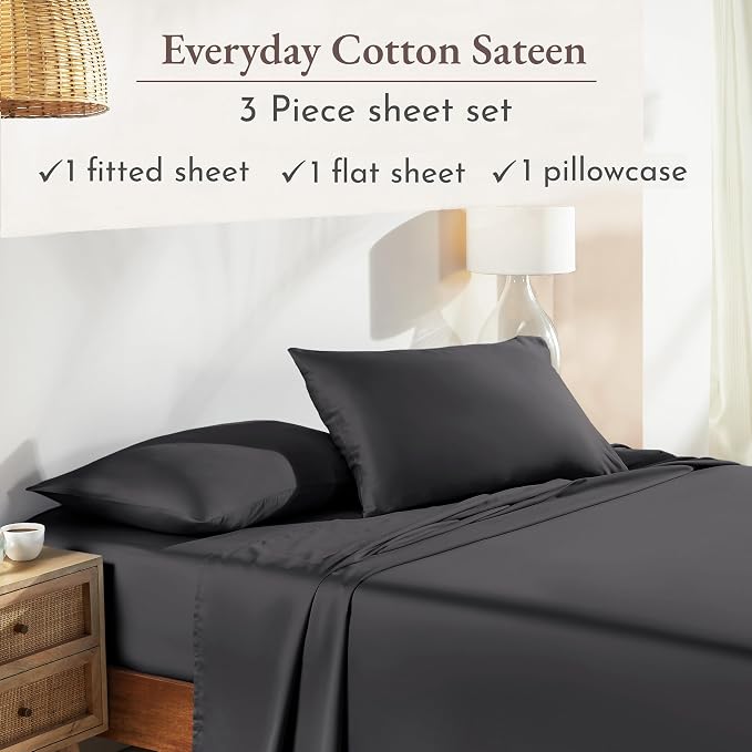 California Design Den Natural 100% Cotton Sheets Twin XL Size Set - Soft Sateen, Twin XL Sheets with 12" Pockets, Durable Bedding Set for Dorm Rooms, College Dark Grey (Black Tone)